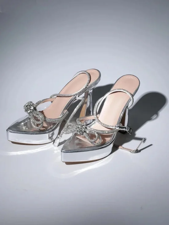 Silver Rhinestone Platform Mule Heels - Picture 3 of 6